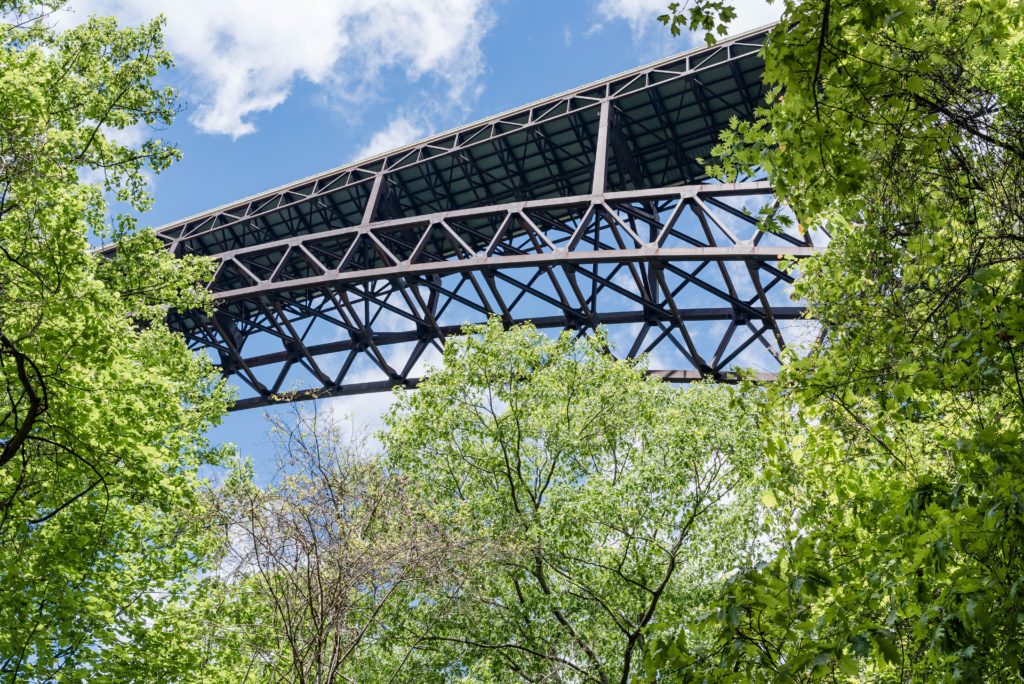 New-River-Gorge-Bridge-Blue-Skies-Green-Leaves-on-Trees