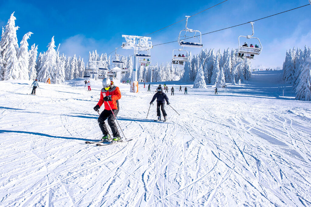 People skiing groomed ski slopes with snow covered trees and a ski lift overhead