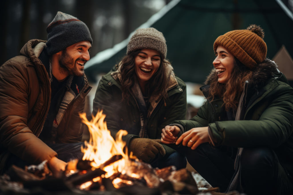 Friends enjoying winter laughter around an outdoor firepit, dressed in cozy hats, coats, and gloves in earth tones.