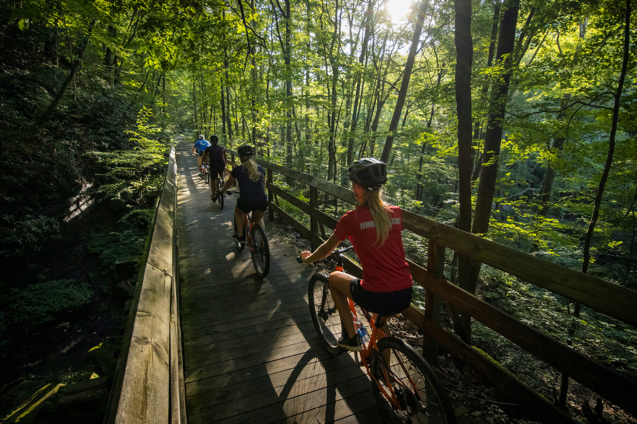 Family biking near downtown Fayetteville, New River Gorge West Virginia