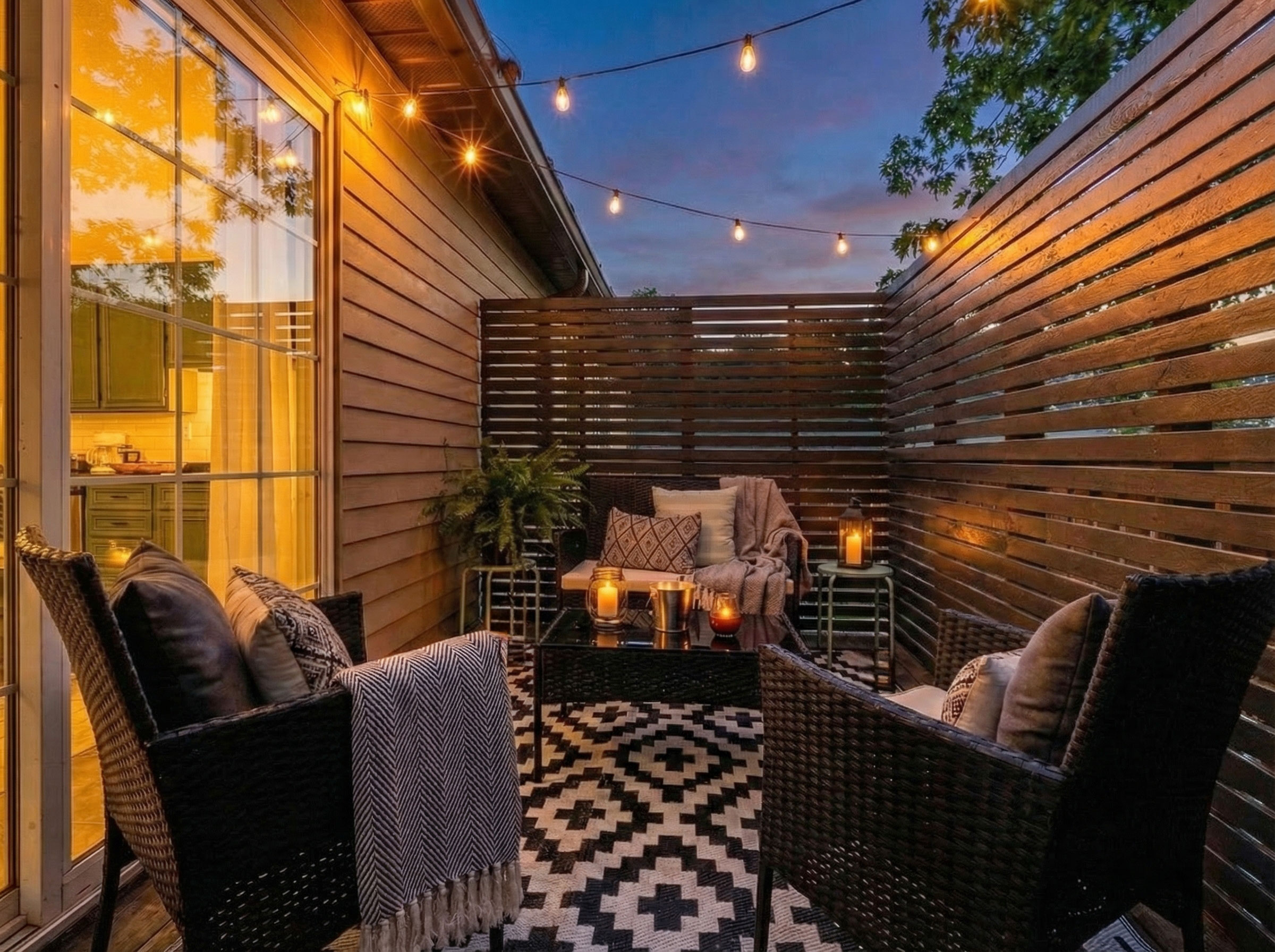 Gorge Getaway private patio with rattan seating, string lights, and dusk sky